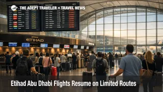 Etihad Abu Dhabi flights resume on limited routes as travelers wait under departure screens at Zayed International Airport