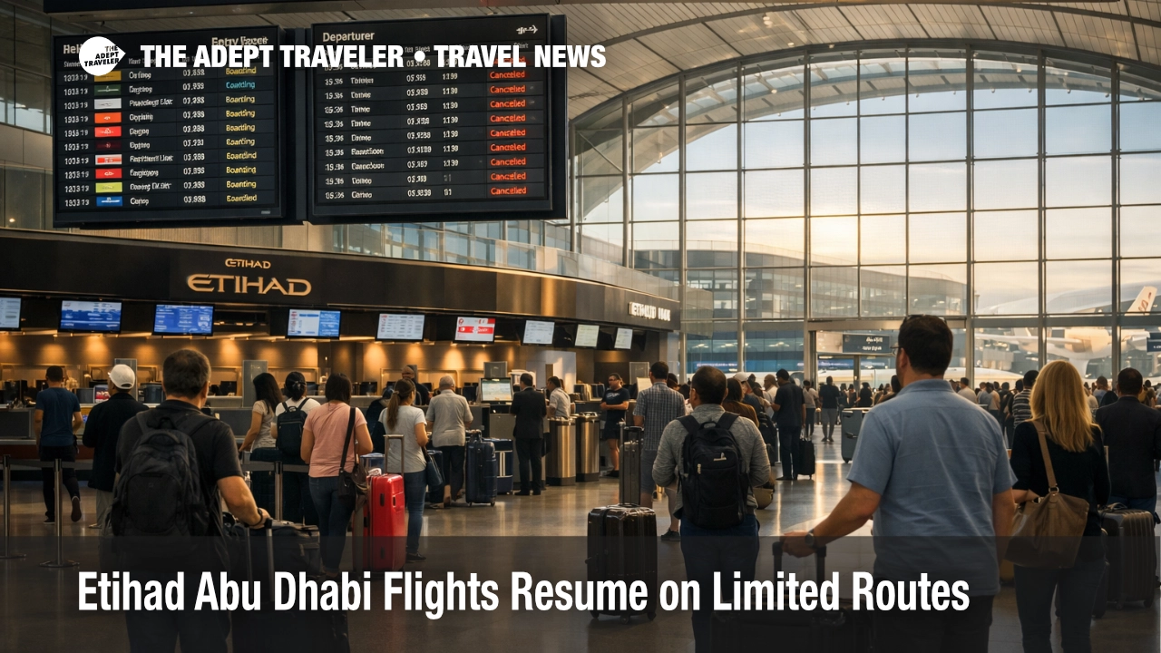 Etihad Abu Dhabi flights resume on limited routes as travelers wait under departure screens at Zayed International Airport