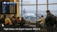 March 6 flight delays at Reagan National show travelers waiting under low visibility conditions and delayed departures