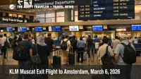 KLM Muscat repatriation flight check in queues at Muscat Airport as Europe bound travelers seek exit routes