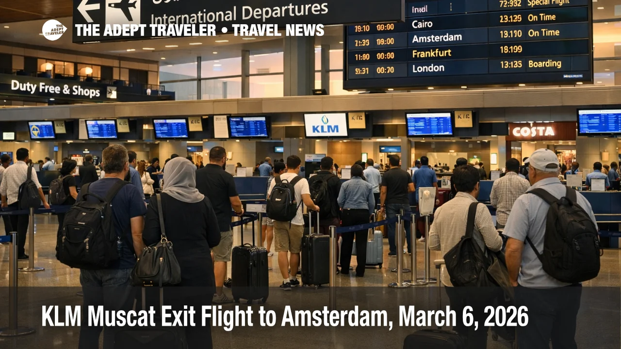 KLM Muscat repatriation flight check in queues at Muscat Airport as Europe bound travelers seek exit routes