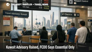Kuwait travel advisory scene at a Kuwait airport check in area, showing document checks and traveler uncertainty