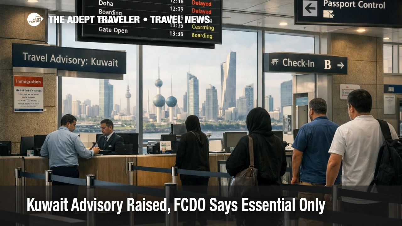 Kuwait travel advisory scene at a Kuwait airport check in area, showing document checks and traveler uncertainty