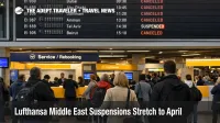 Lufthansa Middle East suspensions shown on Frankfurt departures boards as travelers wait at rebooking counters