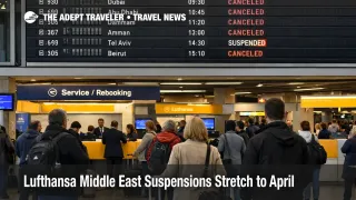 Lufthansa Middle East suspensions shown on Frankfurt departures boards as travelers wait at rebooking counters