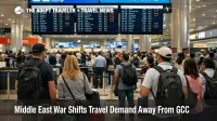 Middle East travel demand diversion visible in a busy Dubai airport concourse as travelers wait under departure boards