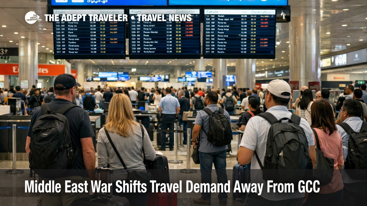 Middle East travel demand diversion visible in a busy Dubai airport concourse as travelers wait under departure boards