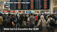 Middle East U.S. evacuations scene at Dubai airport, with travelers waiting under disrupted departure boards