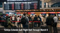 Türkiye Gulf flight halt shown on Istanbul Airport departure boards as travelers wait with luggage during regional disruption