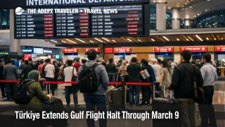 Türkiye Gulf flight halt shown on Istanbul Airport departure boards as travelers wait with luggage during regional disruption