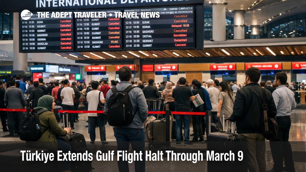 Türkiye Gulf flight halt shown on Istanbul Airport departure boards as travelers wait with luggage during regional disruption