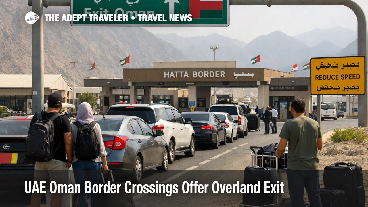 UAE Oman border crossings at Hatta show cars and travelers queuing at a practical overland exit route to Oman