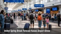 United spring break airport stress at Chicago O'Hare shows crowded gates, family travelers, and busy warm weather departures