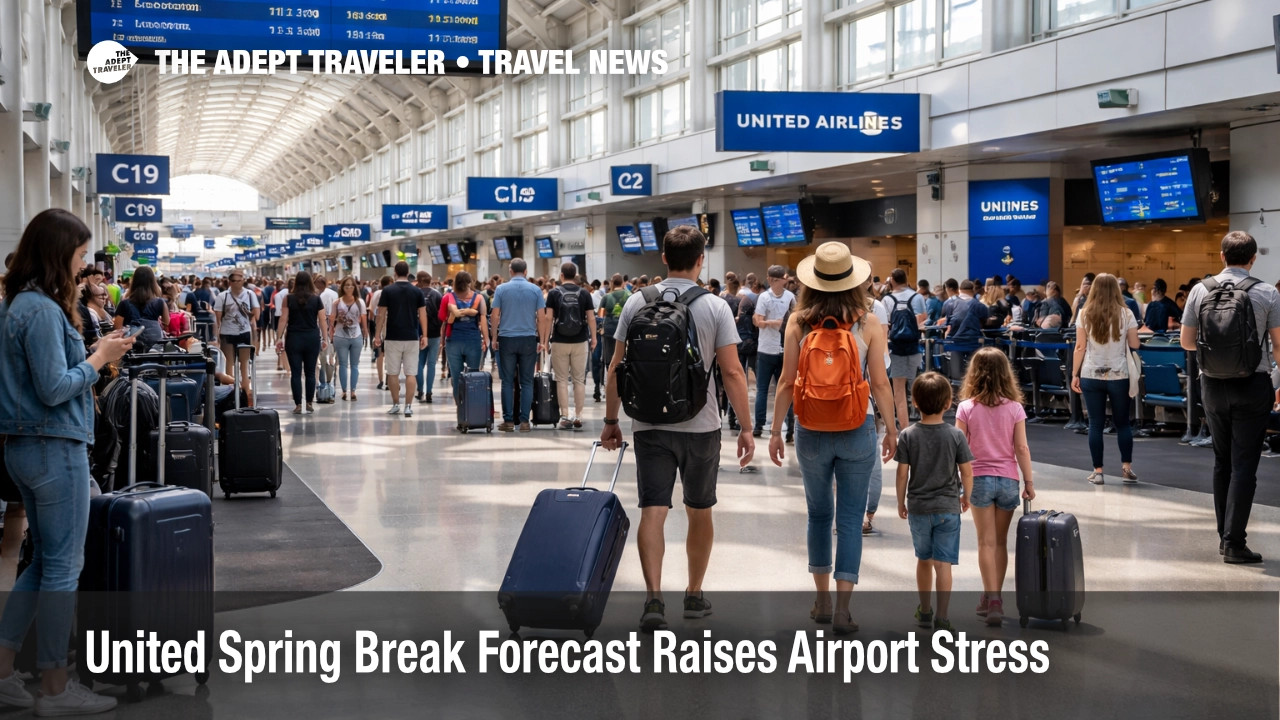 United spring break airport stress at Chicago O'Hare shows crowded gates, family travelers, and busy warm weather departures