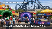 Universal Super Mario Galaxy Movie events at Universal Studios Hollywood with spring crowds and Hollywood Drift in view