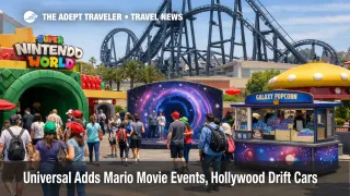 Universal Super Mario Galaxy Movie events at Universal Studios Hollywood with spring crowds and Hollywood Drift in view