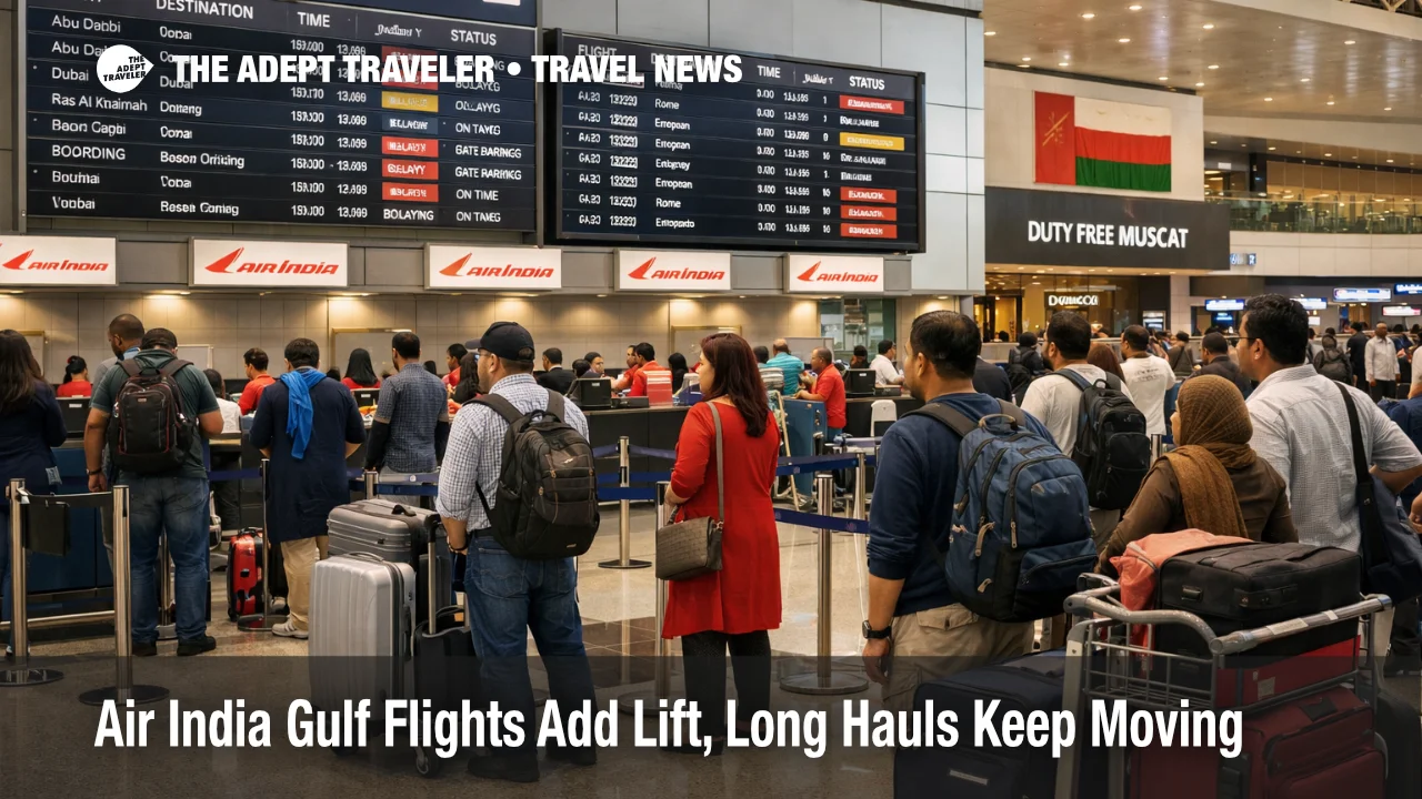 Air India Gulf flights recovery at Muscat airport shows queues and departure boards as India bound lift returns
