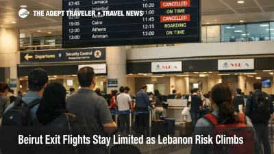 Beirut exit flights remain limited as travelers wait in Beirut Airport departures hall under mixed flight statuses