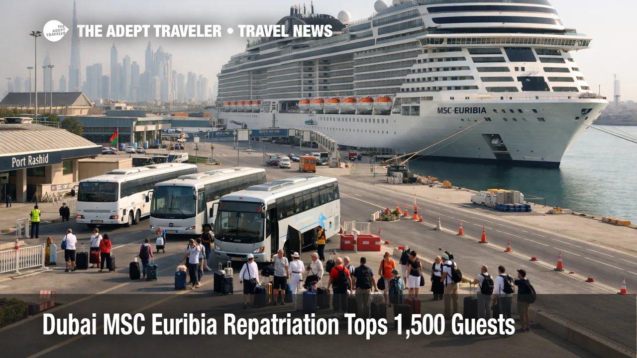 MSC Euribia repatriation in Dubai shows cruise guests with luggage near port transfers as flights move passengers out