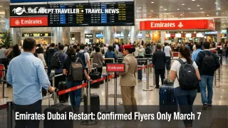 Emirates Dubai restart at DXB shows confirmed passengers moving through a limited departures concourse on March 7