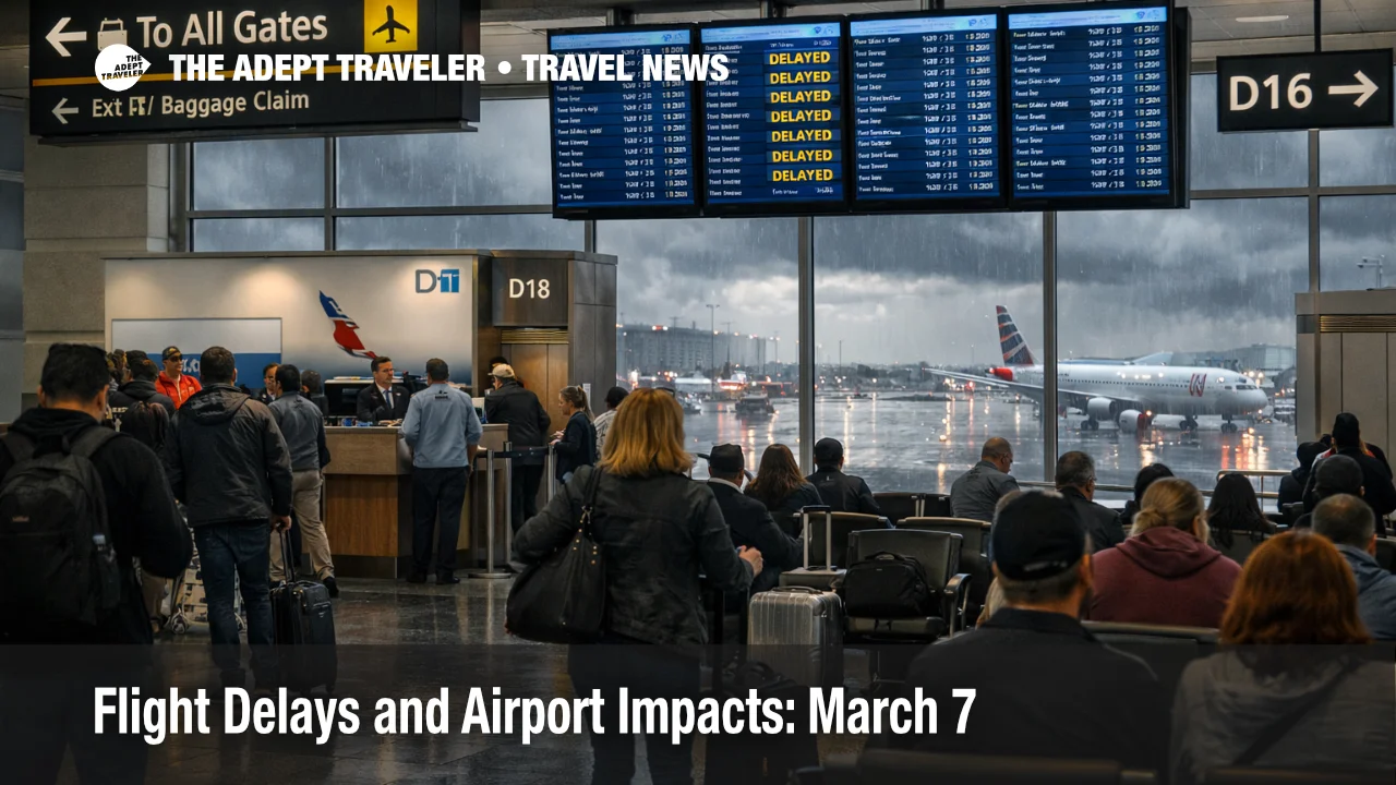 DFW flight delays on March 7 show travelers waiting under stormy skies as thunderstorms disrupt a major U.S. hub