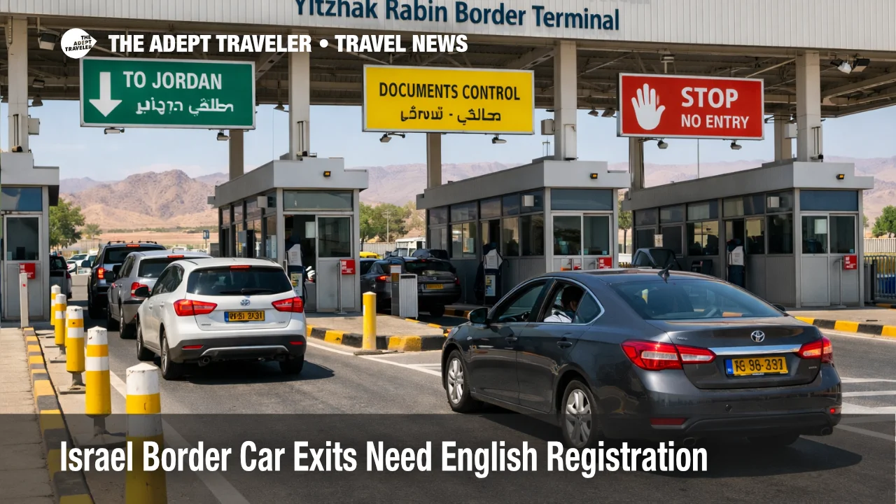 Israel border car exits at Yitzhak Rabin show private vehicles queued for document checks before crossing to Jordan
