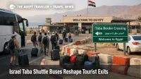 Israel Taba shuttle buses bring tourists to the Egypt border as overland exits replace flights from Israel