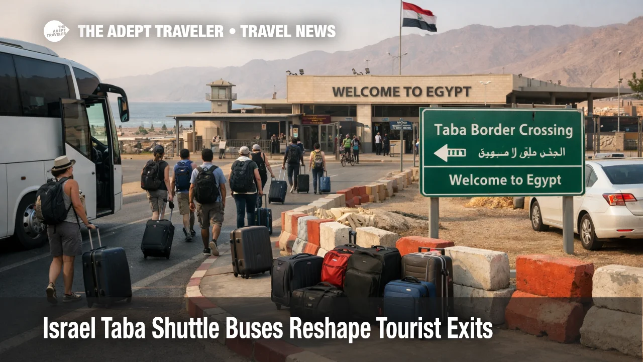 Israel Taba shuttle buses bring tourists to the Egypt border as overland exits replace flights from Israel