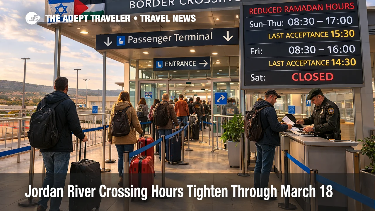 Jordan River crossing hours tighten at the Israel Jordan border, with travelers queueing earlier at the passenger terminal