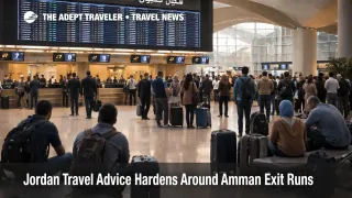 Travelers wait at Queen Alia in Amman as Jordan travel advice tightens around airport access and fallback departures