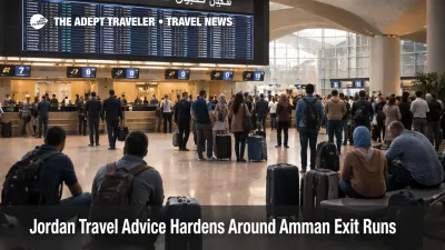 Travelers wait at Queen Alia in Amman as Jordan travel advice tightens around airport access and fallback departures