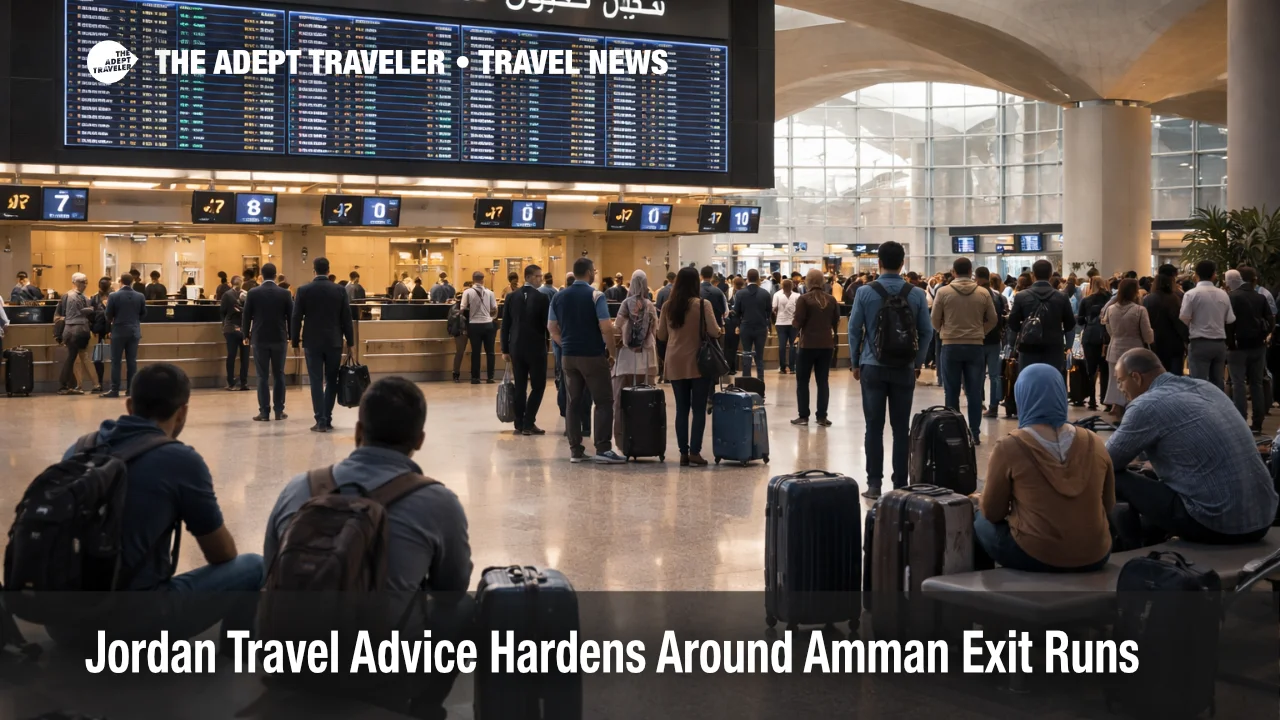 Travelers wait at Queen Alia in Amman as Jordan travel advice tightens around airport access and fallback departures