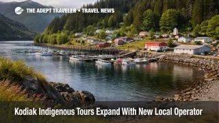 Kodiak Indigenous tours setting in Old Harbor, Alaska, showing the harbor and village landscape behind the new operator launch
