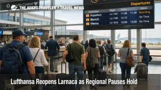 Lufthansa Larnaca flights resume as travelers queue at Larnaca Airport during a limited Cyprus bridge recovery