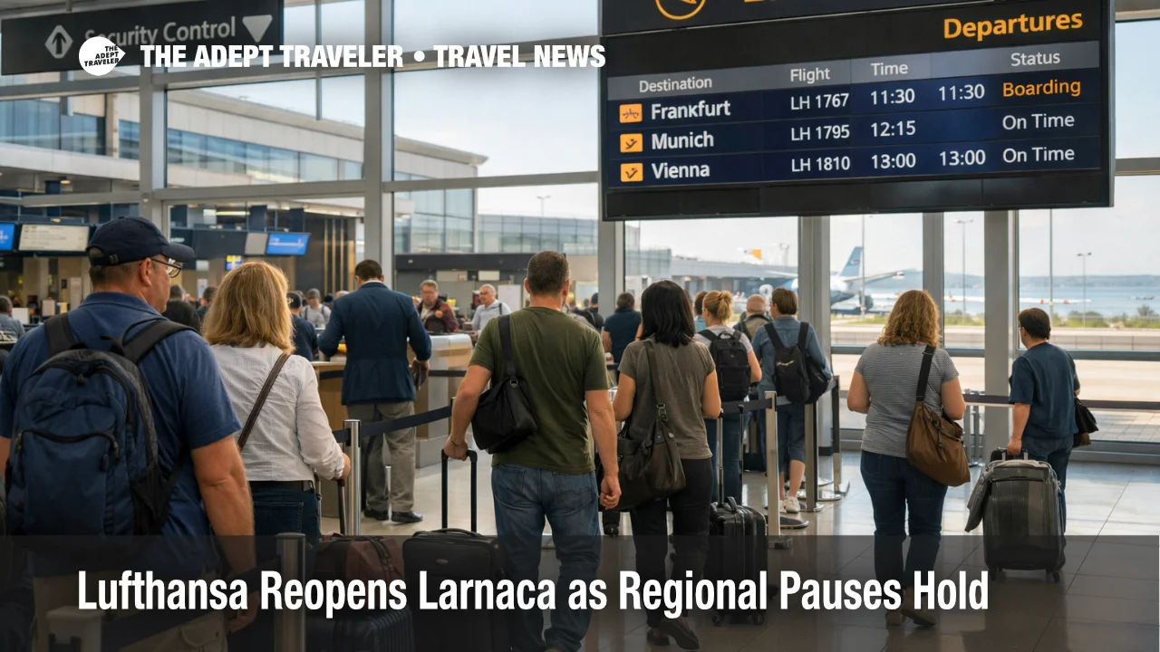 Lufthansa Larnaca flights resume as travelers queue at Larnaca Airport during a limited Cyprus bridge recovery