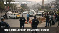 Kathmandu traffic and police presence during Nepal election travel disruption near protest corridors and airport routes