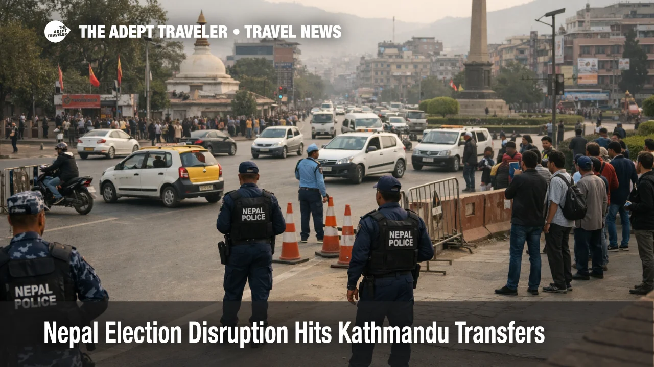 Kathmandu traffic and police presence during Nepal election travel disruption near protest corridors and airport routes