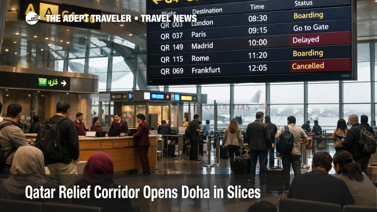 Qatar relief corridor at Hamad International Airport shows waiting passengers and limited Doha Europe departures