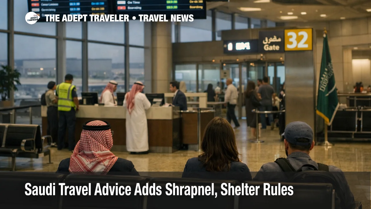 Saudi travel advice scene at Riyadh airport showing a live terminal under tighter shelter and disruption planning