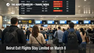 Beirut exit flights remain limited as travelers wait under mixed departure statuses at Beirut Airport on March 8