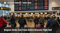Belgium strike rail disruption shown at Brussels Airport, with travelers waiting under cancellation boards before March 12