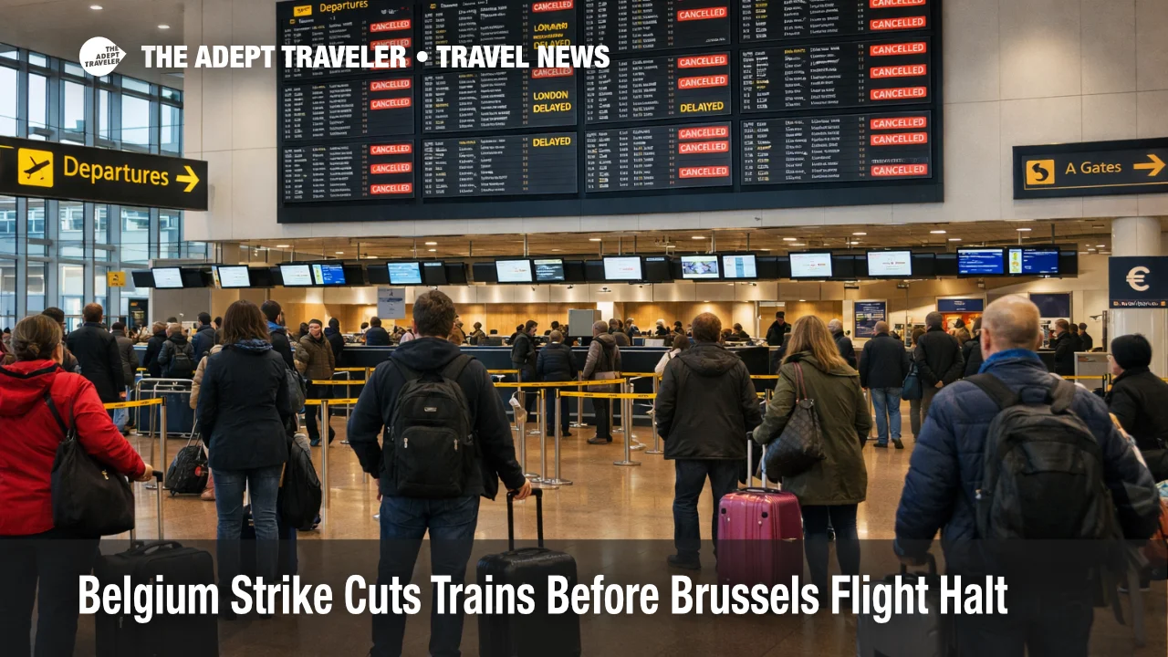 Belgium strike rail disruption shown at Brussels Airport, with travelers waiting under cancellation boards before March 12
