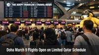 Doha March 9 flights shown on Hamad airport departure screens as travelers wait during Qatar Airways limited operations
