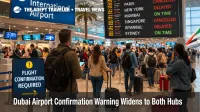 Dubai airport confirmation warning scene at DXB with waiting passengers and delay boards during partial operations