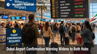 Dubai airport confirmation warning scene at DXB with waiting passengers and delay boards during partial operations
