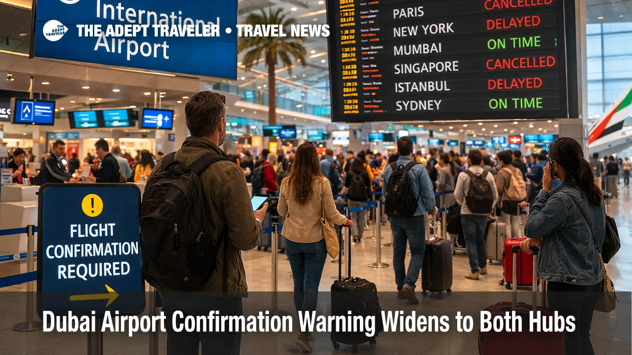 Dubai airport confirmation warning scene at DXB with waiting passengers and delay boards during partial operations