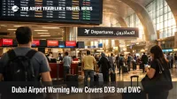 Dubai airport warning at DXB shows travelers waiting under flight screens as partial operations continue after March 7