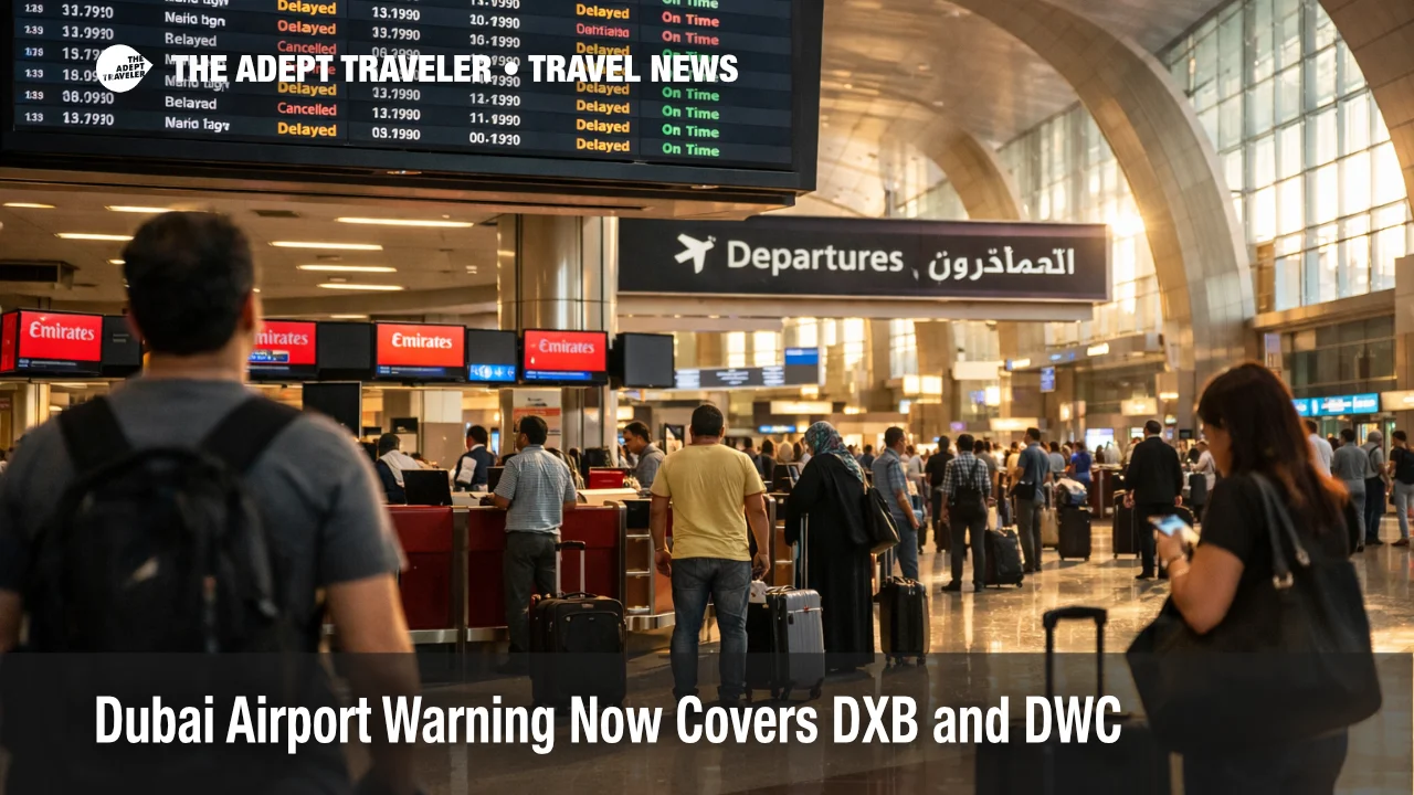 Dubai airport warning at DXB shows travelers waiting under flight screens as partial operations continue after March 7