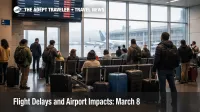 LaGuardia departure delays on March 8 show travelers waiting under gray skies as weather slows New York airport flows