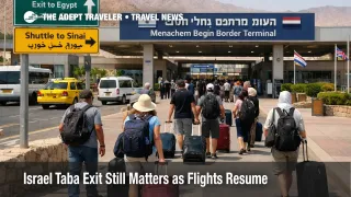 Israel Taba border exit at the Eilat crossing shows travelers queuing for a structured overland route into Egypt